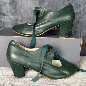 Pin Up Couture Pumps Womens 10 Green Ribbon Lace Up Heart Cutout Retro Heels